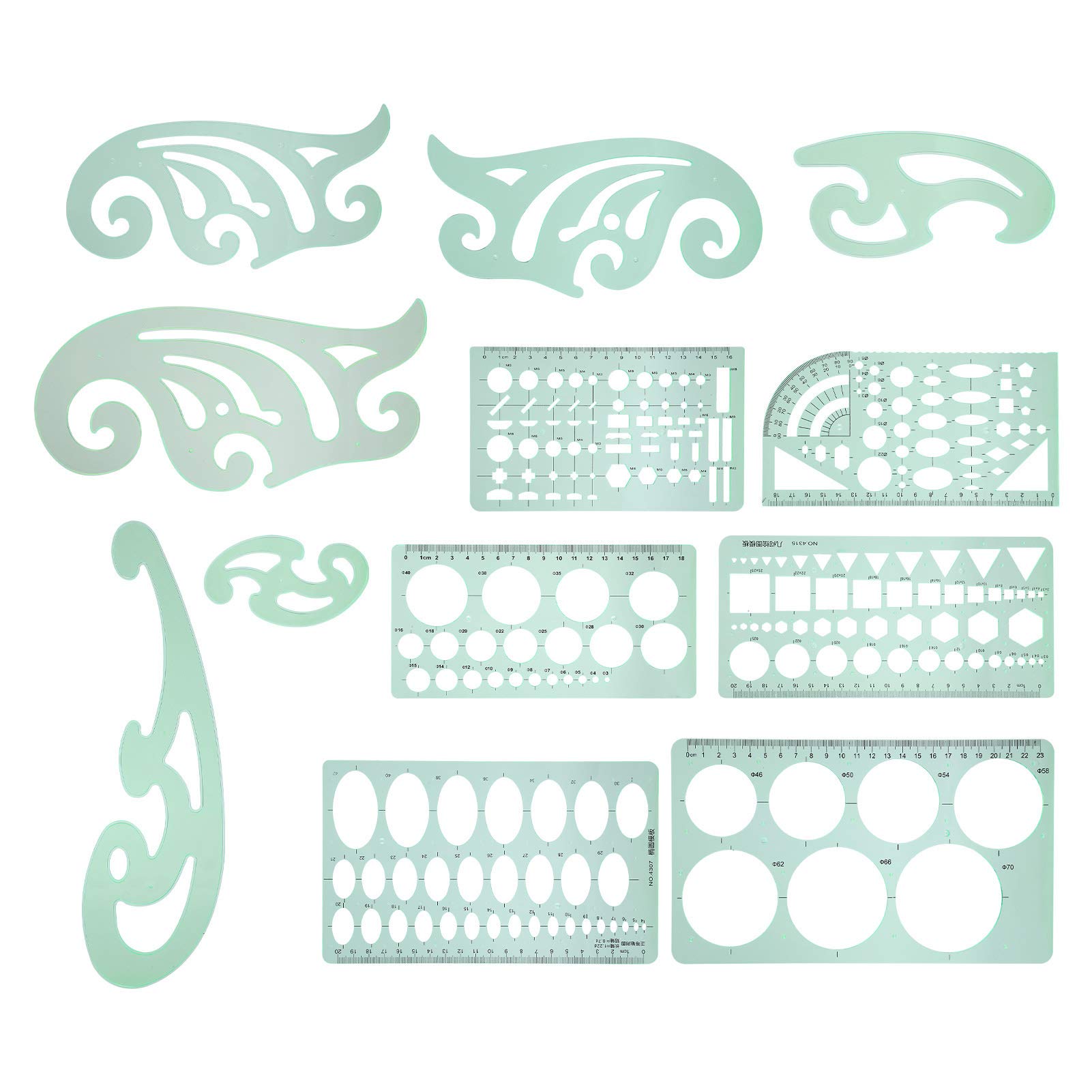 12Pcs French Curve Template Set, Geometric Drawing Templates Plastic Measuring Rulers for Engineering Drafting Building School Office Supplies
