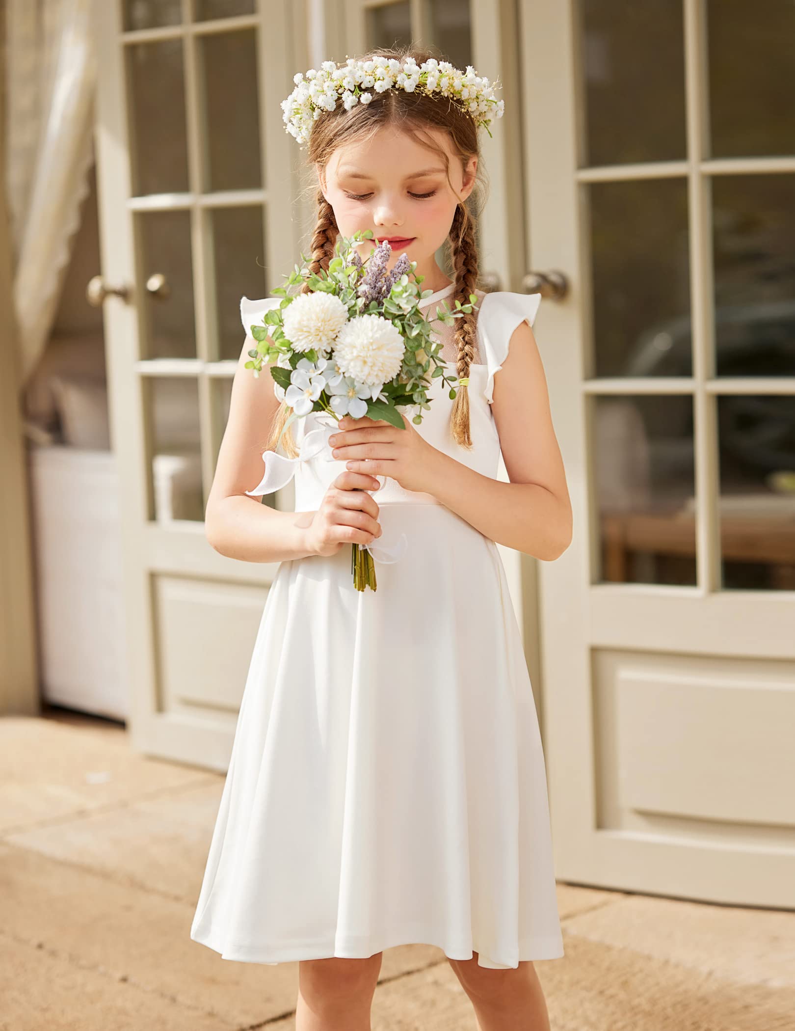 Arshiner Girls Dress Summer Ruffle Sleeve Mesh A Line Casual Party Dresses with Pockets 6-13 Years