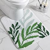 Tinideya Green Leaves Tufted Toilet Rug U-Shaped Washable Luxury Soft Microfiber Bathroom Mat 24 x 20 Inch Non Slip Cute Green Plush Bath Rugs Bathroom Decor for Toilet Base