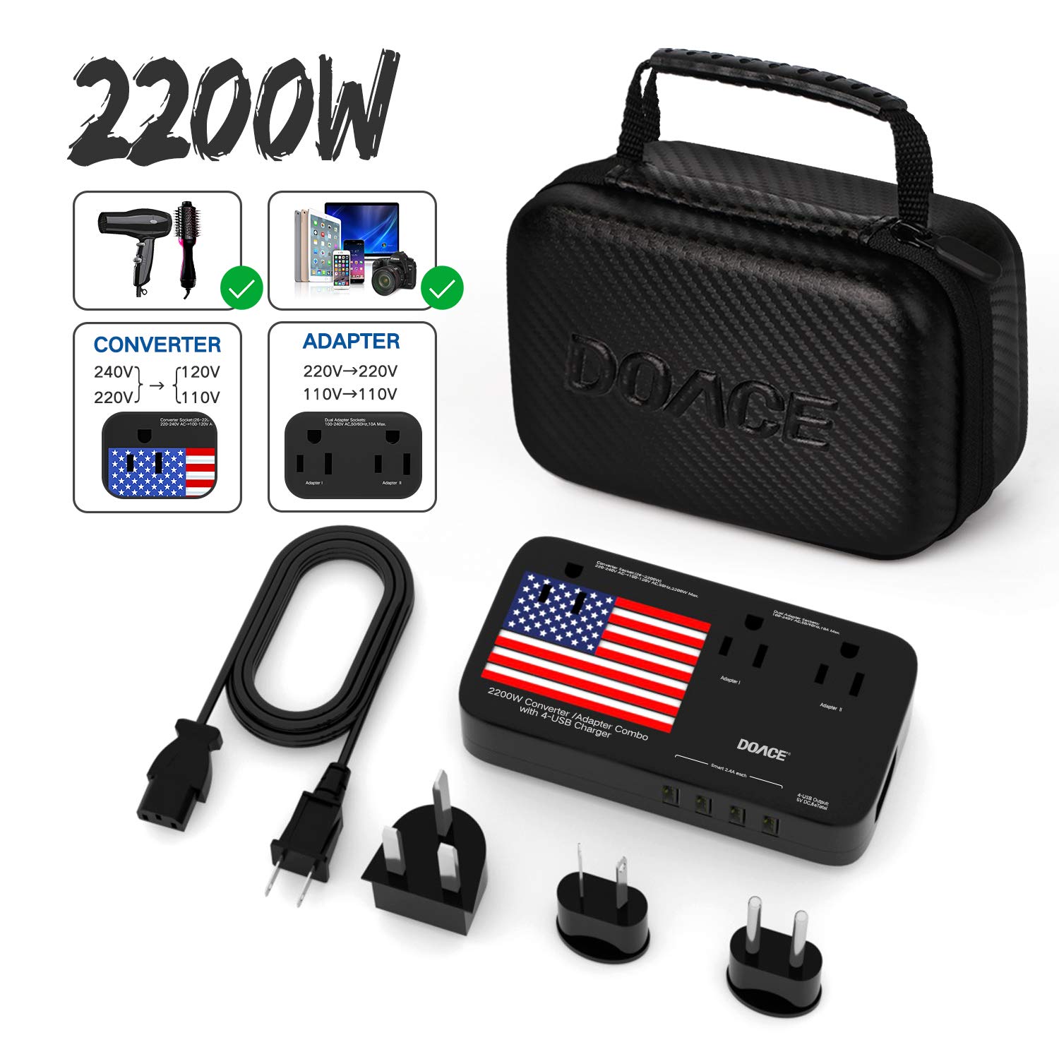 2200W Travel Voltage Converter for Hair Dryer Straightener Curling Iron