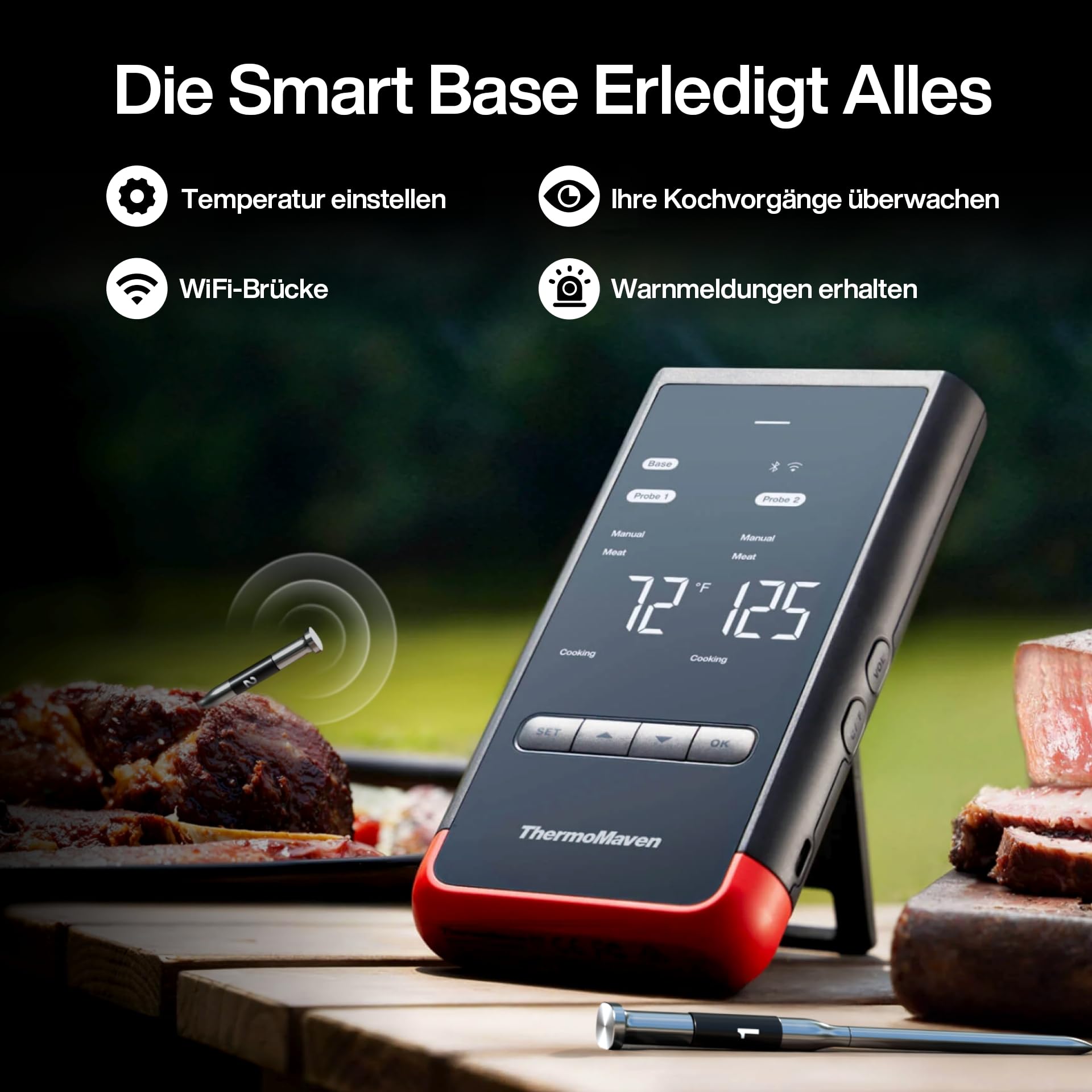 ThermoMaven P2 Fleischthermometer Kabellos – WiFi & Bluetooth 5.3, 2 Sonden 6 Sensoren, ±0,3°C Präzise, IPX8 Wasserdicht, App-Steuerung, NIST & NSF Zertifiziert, Grillthermometer, Bratenthermometer 6