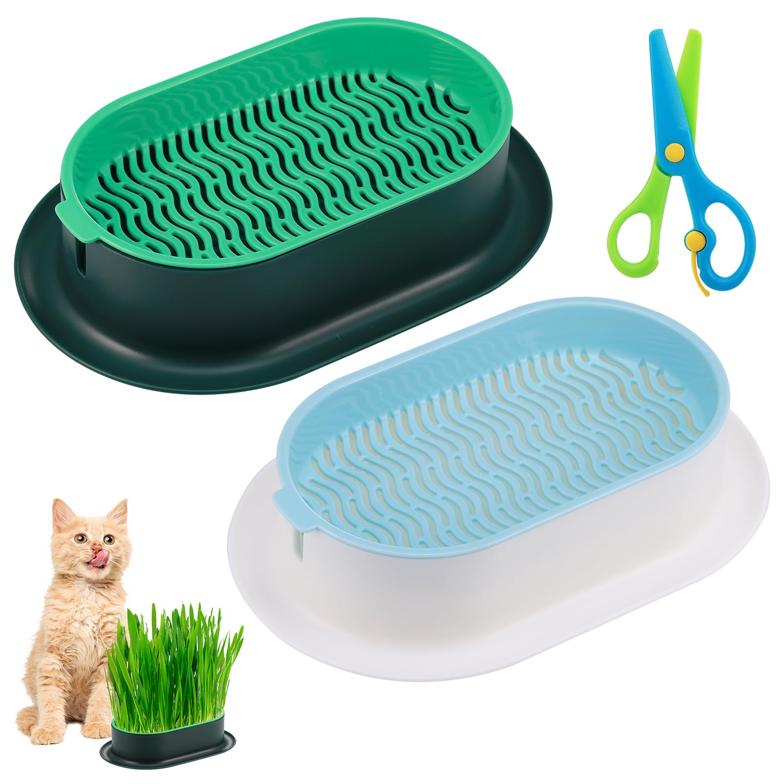 Hejo 2 PCS Cat Grass Seed Tray, Plant Bowls for Cat Grass, Catnip Cat Grass Box with 1 Plastic Scissors, Plastic Soil Free Cat Plant Planting Box for Planting Cat Grass