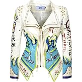 Fashion SX Women's hand-painted graffiti Fashion Studded Perfectly Shaping Faux Leather Biker Jacket (White-L)
