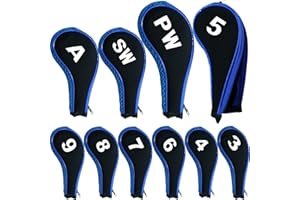 Golf Iron Head Covers Neoprene Long Cover with Zipper 10 12 Pack Set 3 4 5 6 7 8 9 PW SW LW A Large Printing Number,Black Blu