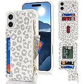 Cavor for iPhone 16 Case with Card Holder,for iPhone 16 Wallet Case for Women,Leather Zipper Pocket Shockproof Phone Cover-Leopard White