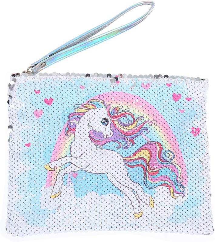 Starte Unicorn/Rainbow Women Sequin Envelope Handbag Party Clutch Makeup Bag Reversible Glitter Paillette Cosmetic Pouch(Rainbow Unicorn)