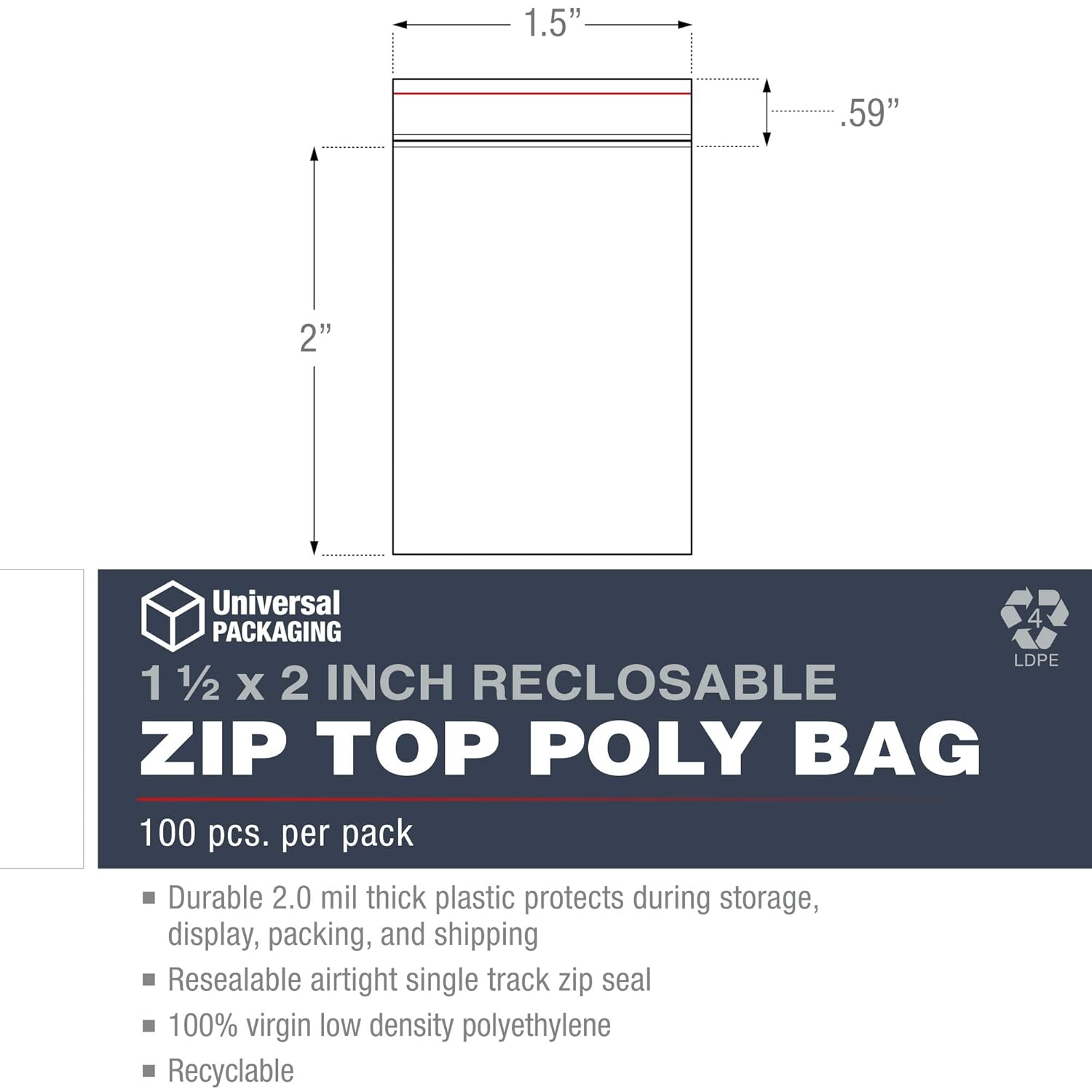 Universal Packaging 1.5 x 2 Inch Zip Top Resealable Clear Poly Plastic Storage Bags, 2.0 Mil, Reclosable, Ziplock, Zipper Lock Seal Travel Baggies (100 Bags): Home Improvement