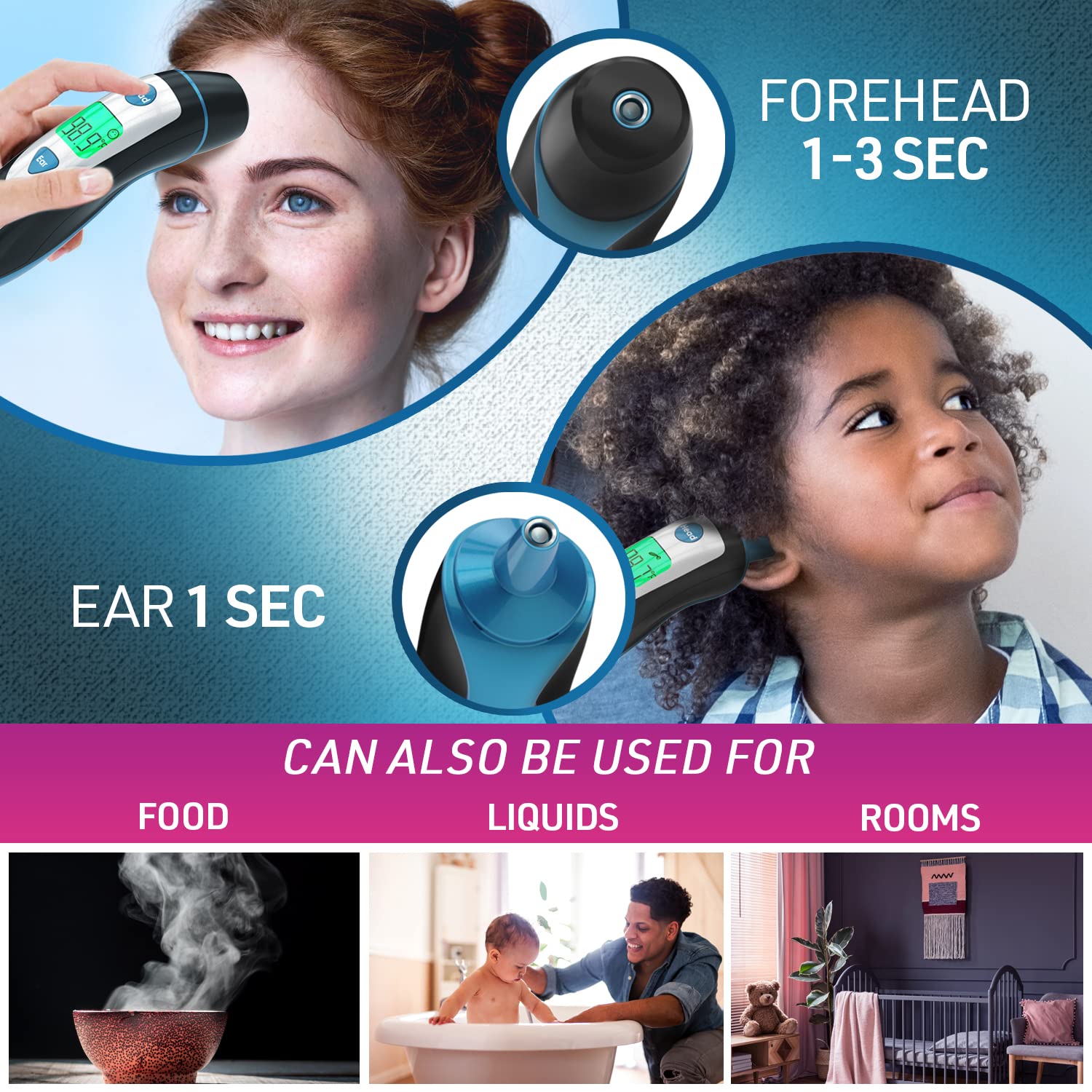 Forehead Thermometer for Adults and Kids with Ear Function (Superior Accuracy, Fast & Easy to Use with Colored Fever Alarm and 20 Memory, Quick 1-sec Temperature Thermometer