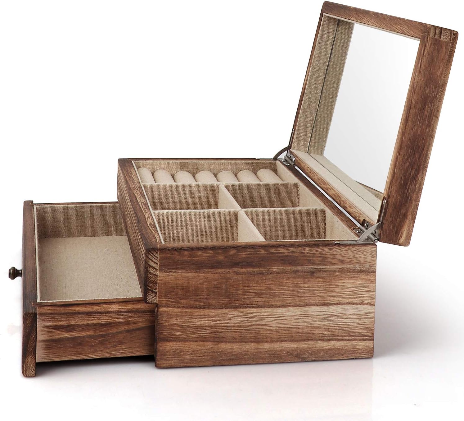 Meangood Jewelry Organizer Box Two-Layer, Jewelry case for Women, Wood Display Case with Mirror&Ring Tray, Vintage Style Torched Wood: Home Improvement