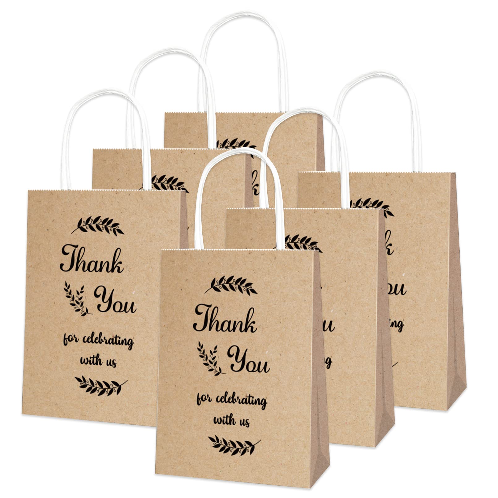 12pcs Paper Party Gift Bags with Handles - Thank You & Party Favour Bags for Wedding, Bridal & Baby Showers, Birthdays & Business - Brown