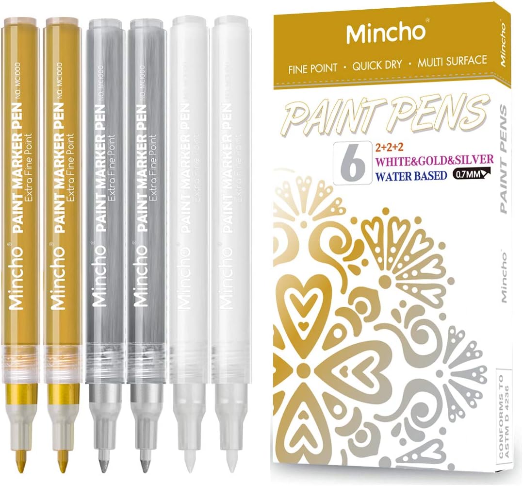 White Paint Pen, 0.7mm Acrylic 2 White, 2 Gold, 2 Silver Permanent Marker Pens for Wood Rock Plastic Leather Glass Stone Metal Canvas Ceramic Marker Extra Very Fine Point Opaque Ink, 6 Pack