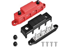 Bolipoeq Bus Bar 250A 12V Power Distribution Block 4 x 3/8"(M10) Studs for Automotive Marine Car Audio, 12 Volt Battery Busbar Terminal Block with Waterproof Cover (Pack of 2, Positive & Negative)