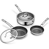Frying Pans Nonstick Set with Lid,Hybrid Non Stick 5 Quart Saute pan,10 inch Skillet,8 inch Skillet PFOA Free Cookware,Stainless Steel skillet,Deep Braiser,Dishwasher Safe,Works on All Cooktops