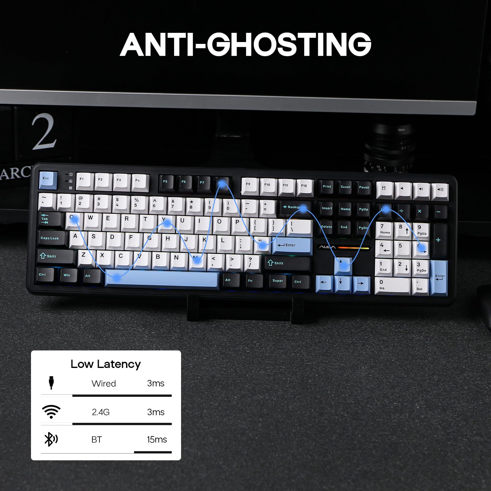 EPOMAKER Aula F108 Wireless Gaming Keyboard, Full Size Mechanical Keyboard with 4000mAh Battery, 108 Hot-Swappable and Programmable Keys, RGB Backlight, for Mac/PC/Android (Blue&White&Black)