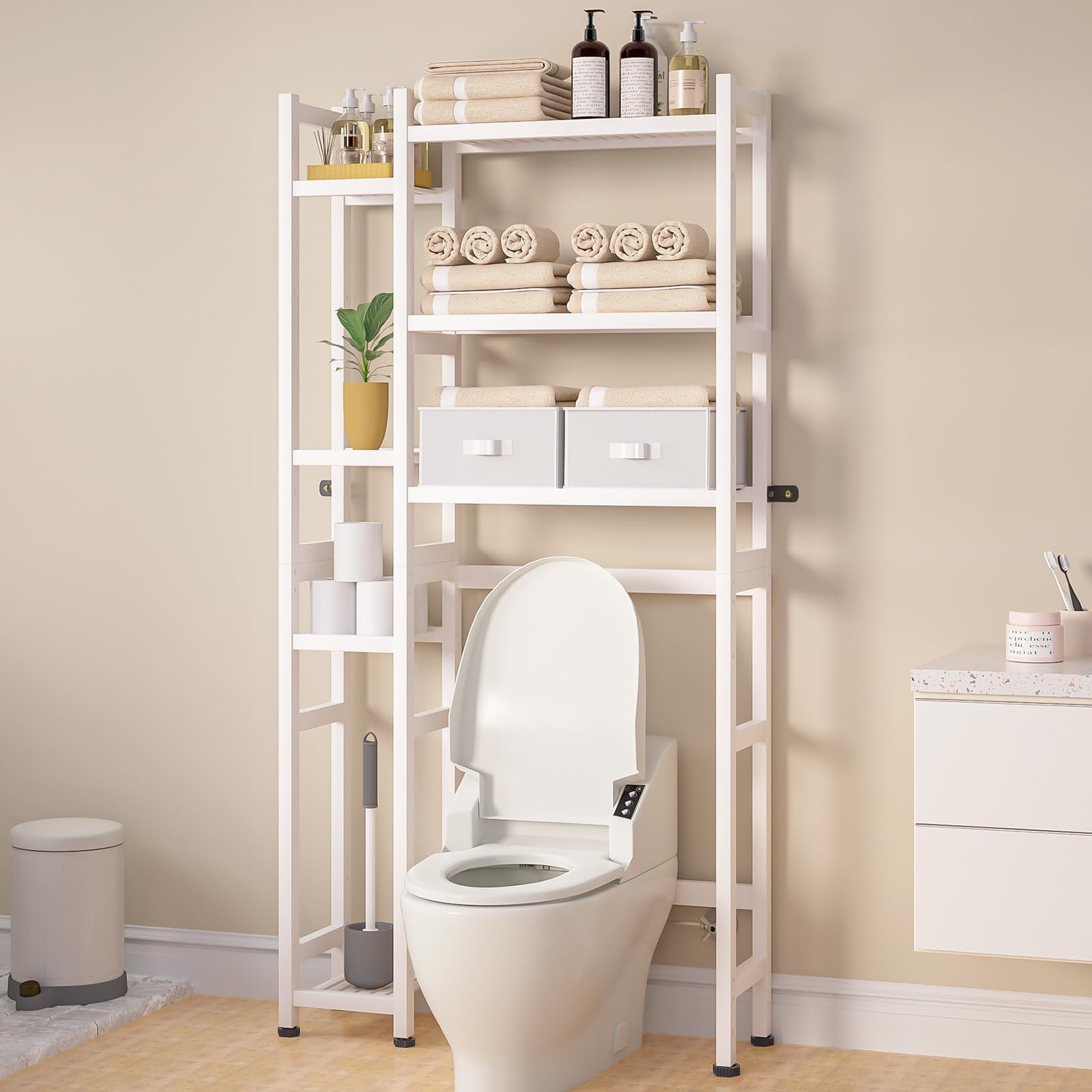 Photo 1 of (used)(unknown if complete) Homde Over The Toilet Storage with Basket and Drawer, Bamboo Bathroom Organizer with Adjustable Shelf 