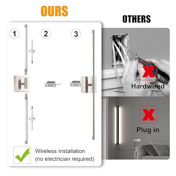 MORAURORAL 40 INCH SAND-NICKEL BATTERY OPERATED WALL SCONCES SET OF TWO, DIMMABLE WALL SCONCES WITH REMOTE CONTROL, RECHARGEABLE SCONCES, LED WIRELESS WALL LIGHTS FOR BEDROOM, LIVING ROOM, BATHROOM