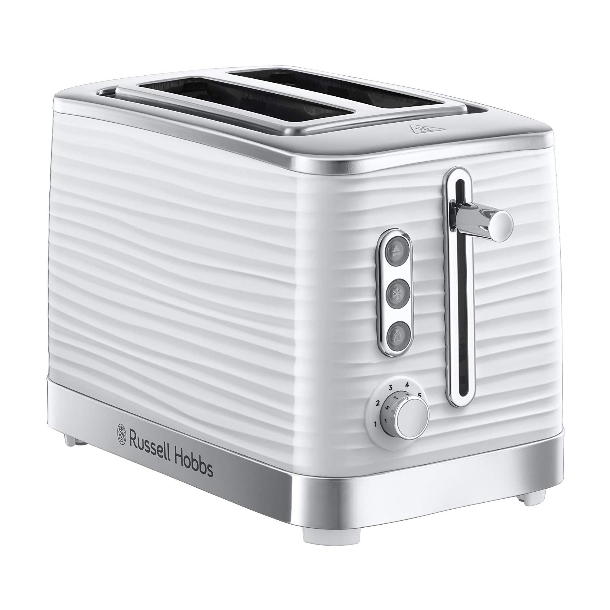 Russell Hobbs Inspire 2 Slice Toaster (Extra wide slots, High lift feature, 6 Browning levels, Frozen/Cancel/Reheat function with Blue LED illumination, 1050W, White textured high gloss) 24370