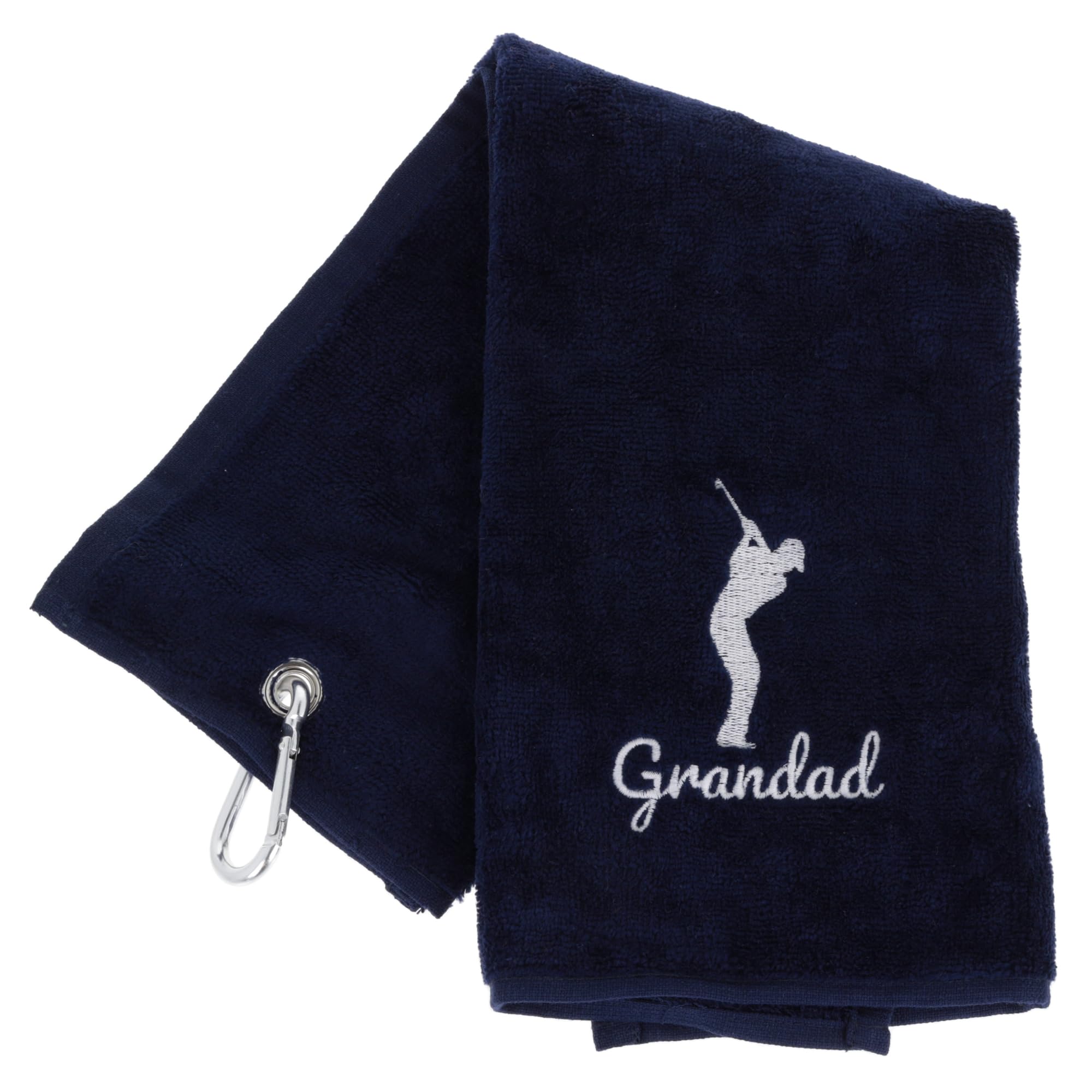 Always Looking Good Luxury Velour Golf Towel for Grandad, Navy, 40cm x 50cm, Personalised, Embroidered Golfer Design with Carabiner Clip
