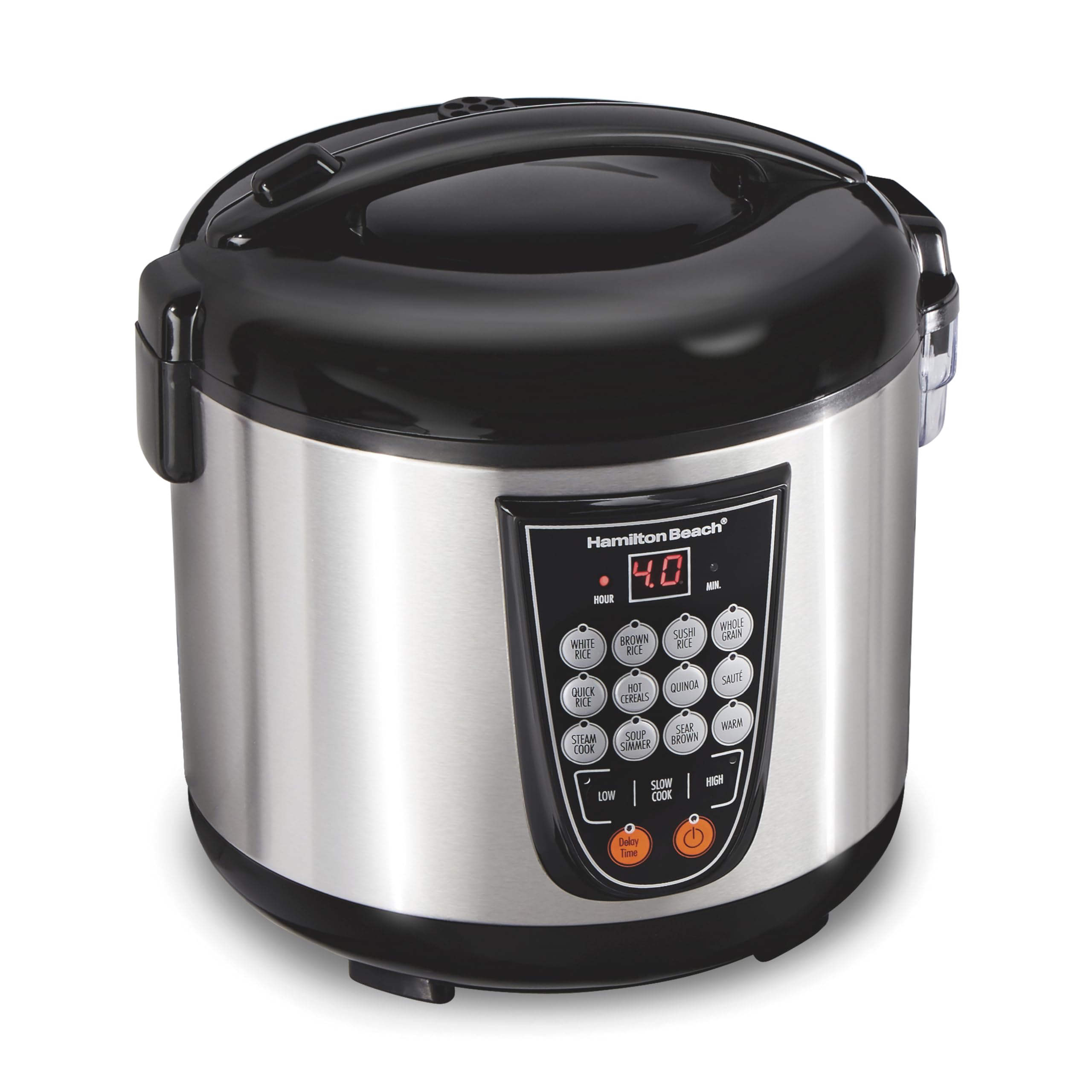 Hamilton Beach Digital Programmable Rice and Slow Cooker & Food Steamer, 20 Cups Cooked (10 Cups Uncooked), 14 Pre-Programmed Settings for Sear Sauté, Hot Cereal, Soup, Nonstick Pot, Stainless Steel (37571MN)