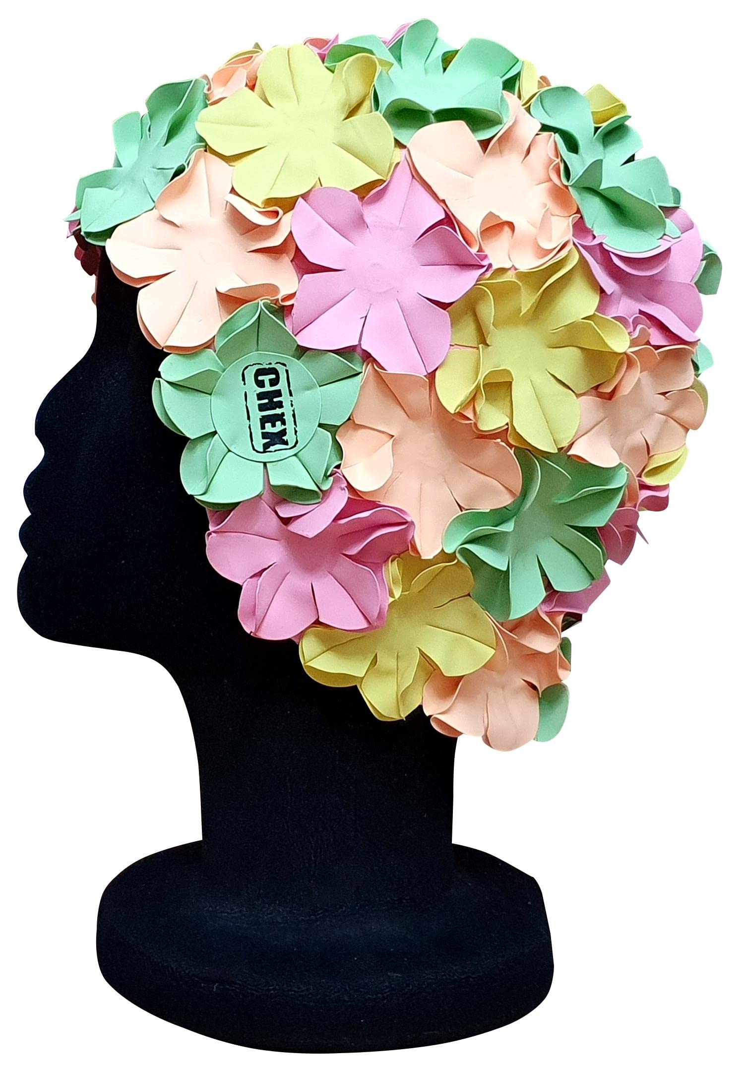 CHEX Anzio Thermal Rubber Floral Ladies Classic Retro 3D Flower Petal 4 Colour Stunning Vintage Art Deco Look Swimming Hat Swim Cap Generous One Size Adults (Pink/Green/Yellow/Peach)
