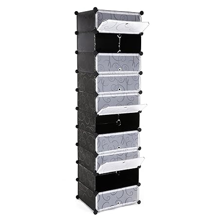 SONGMICS 10 Ebenen Schuhschrank Schuhablage Schuhregal Schuhständer Regalsystem Steckregal mit Tür Schwarz 48 x 36 x 105 cm L
