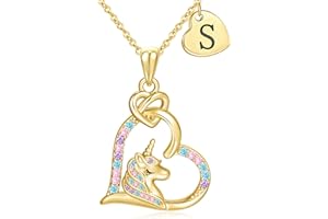 C-leen Unicorn Necklaces Gifts for Girls, 14K Gold Plated Colorful CZ Heart Initial Pendant Unicorn Necklaces for Girls Teens Jewelry Birthday Gifts