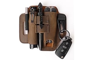 Gentlestache Multitool Leather Sheath for Belt, EDC Organizer, Multitool Pouch,Leather EDC Sheath with Elastic Band Pen Holder, Flashlight Holder and Keychain Clip, Practical Belt Pouch for EDC Gears