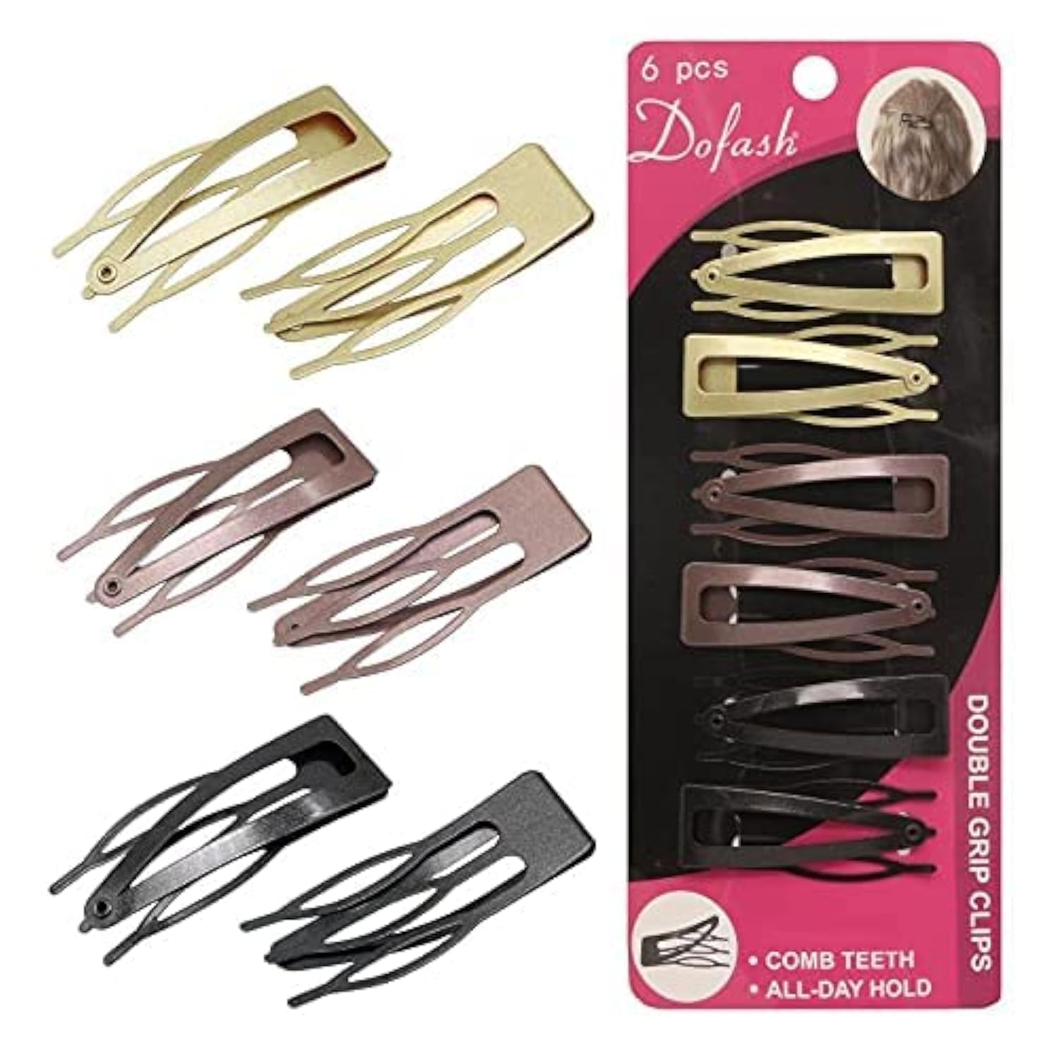 Dofash 4.5 CM Double Grip Hair Clips Hair Barrettes Metal Hair Grips Accessories Butterfly hair Clips For Women 6PCS (Black +Brown +Gold) — image 1