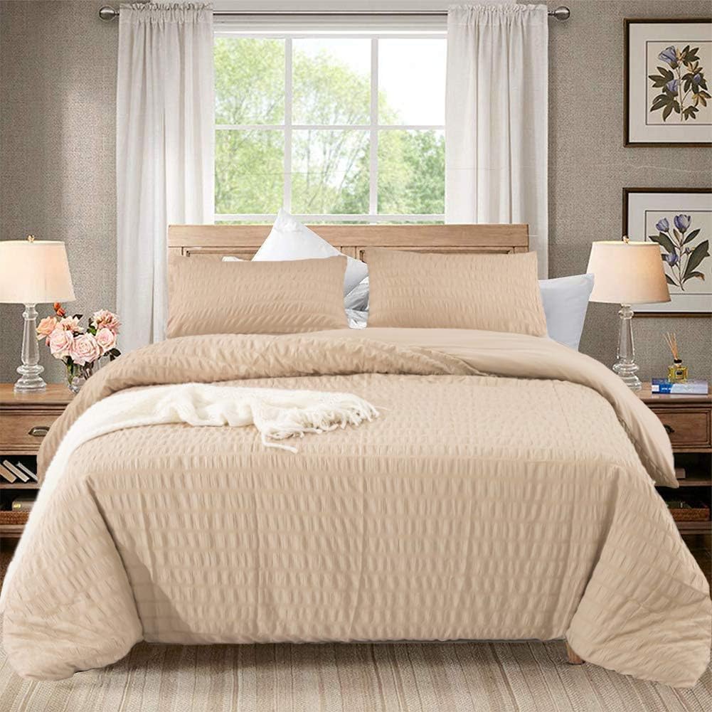 Jumeey Khaki Comforter Set Queen Light Brown Seersucker