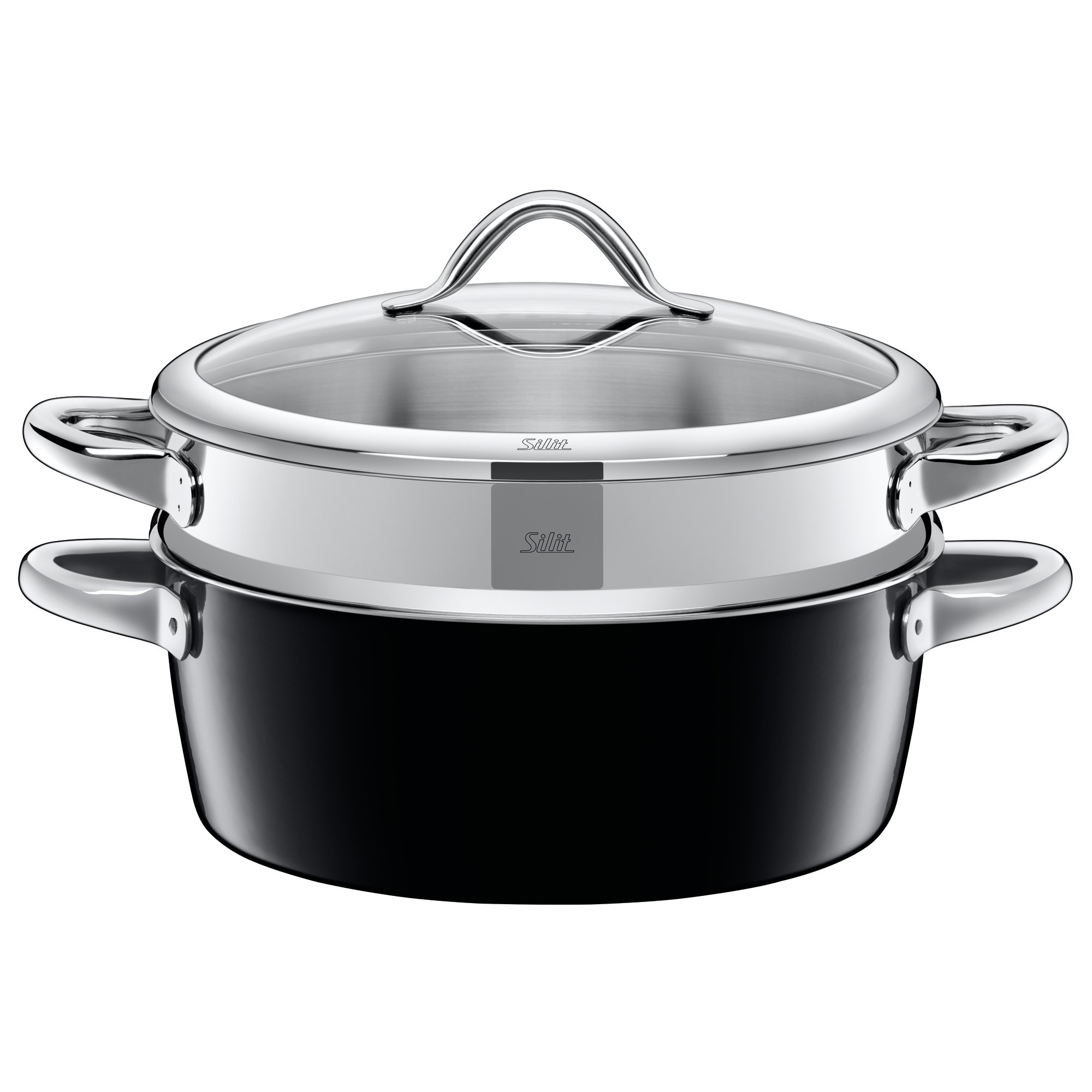Silit Steamer Ø 28 cm Approx. 5.9L Vitaliano Nero Made in Germany Glass Lid Silargan® Functional Ceramic Suitable for Induction Hobs Dishwasher-Safe