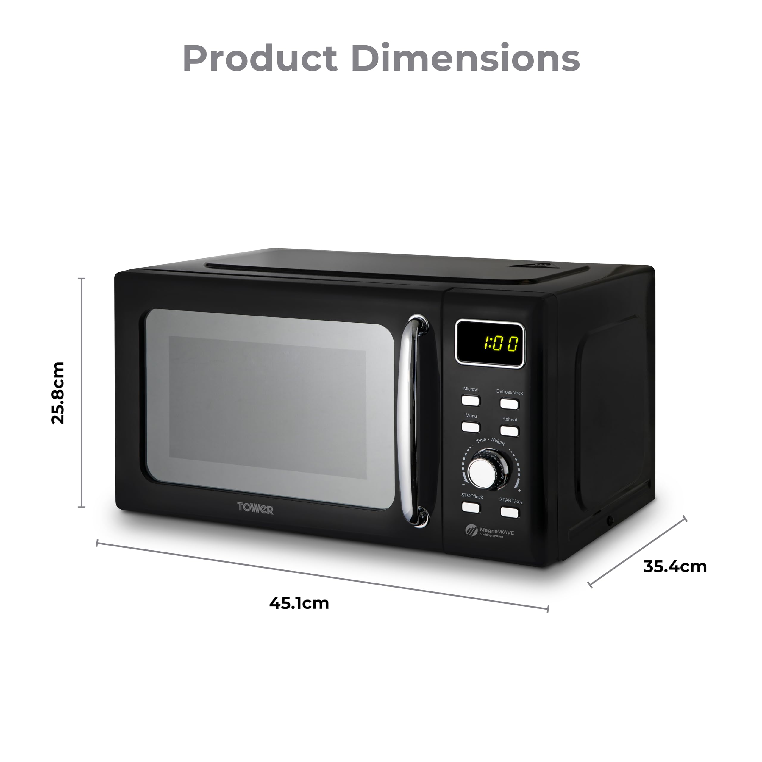 Tower T24041BLK Digital Microwave with Sleek Mirror Door, 800W, 20L, Black & Chrome