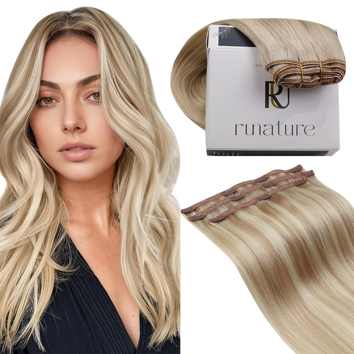 RUNATURE Clip in Hair Extensions Real Human Hair Blonde Highlight Ash Blonde Hair Extensions Clip in Human Hair 18 Inch Straight Remy Clip Hair 50g 3pcs #18P60