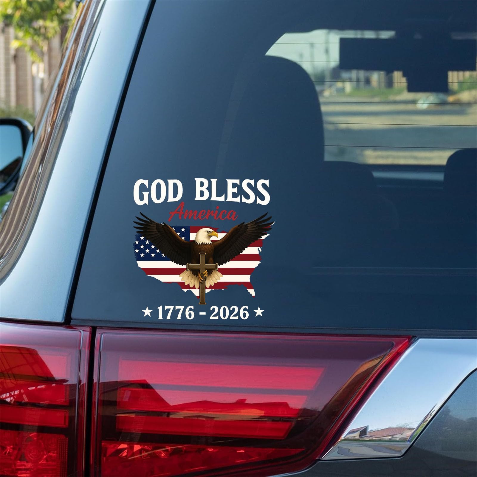 Photo 1 of God Bless America Bumper Sticker, Patriotic Religious Design with Eagle and Cross, 1776-2026, Waterproof Vinyl Decal, 7x7 Inches, Weather Resistant (M)