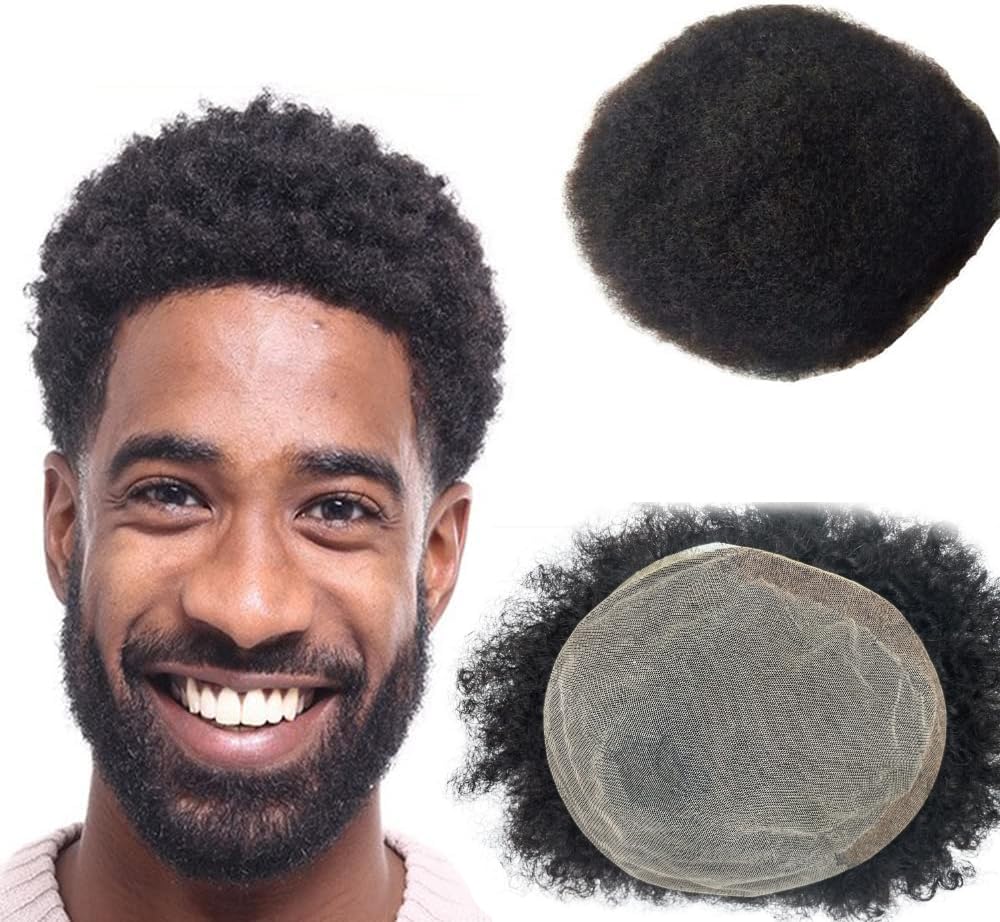 Full Lace Afro curl Toupee Human Hair Piece Men's Replacement System for Black men 10x8" toupee for men (#1b Off black)