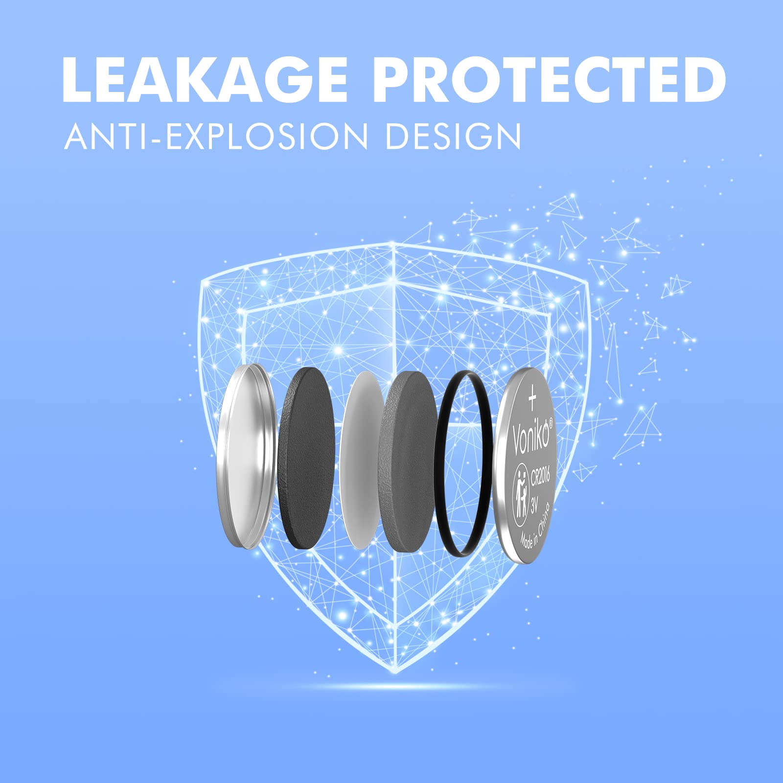 Voniko CR2016 3V Lithium Batteries 5 Pack for Child Safety, Compatible with Remotes, Key Fobs, Glucose Monitors - 7 Years Shelf Life