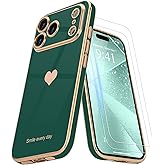 Teageo for iPhone 17 Pro Case with Screen Protector [2 Pack] Girl Women Cute Girly Love-Heart Luxury Gold Soft Cover Camera Protection Shockproof Phone Case for iPhone 17 Pro, Darkish Green