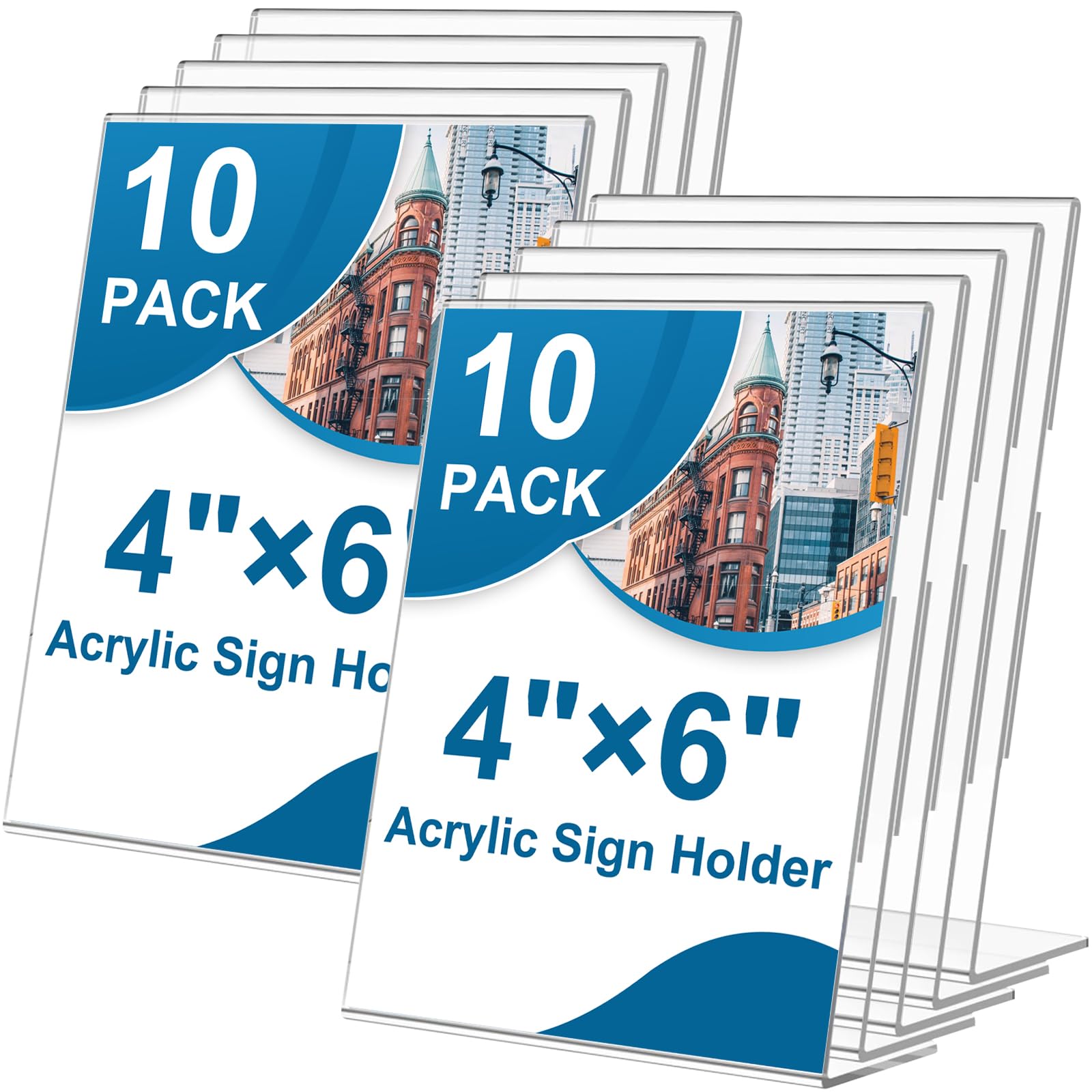 Photo 1 of 10 Pack Acrylic Sign Holder 4 x 6, L-Shape Clear Plastic Display Stand for Tabletop, Acrylic Stands for Flyers, Table Paper Holder, Vertical Sign Holder 4x6 for Restaurants, Office and School (Slant 10 Pack 4x6)