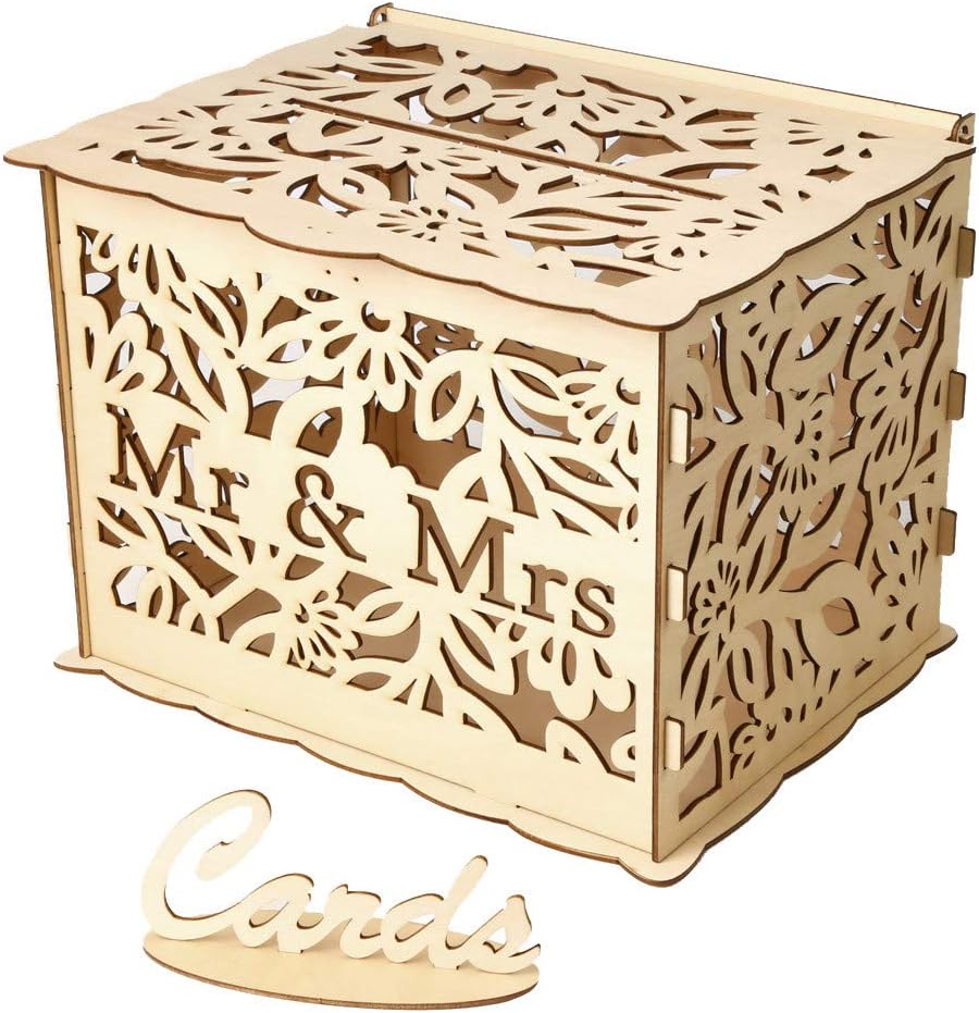 Xlgx Boite De Carte De Mariage Bricolage Evide En Bois Anniversaire Fete Cadeau Boite Bebe Boite De Tirelire De Mariage Creuse Avec Signe Et De Carte E Cuisine Maison Decorations Et Accessoires