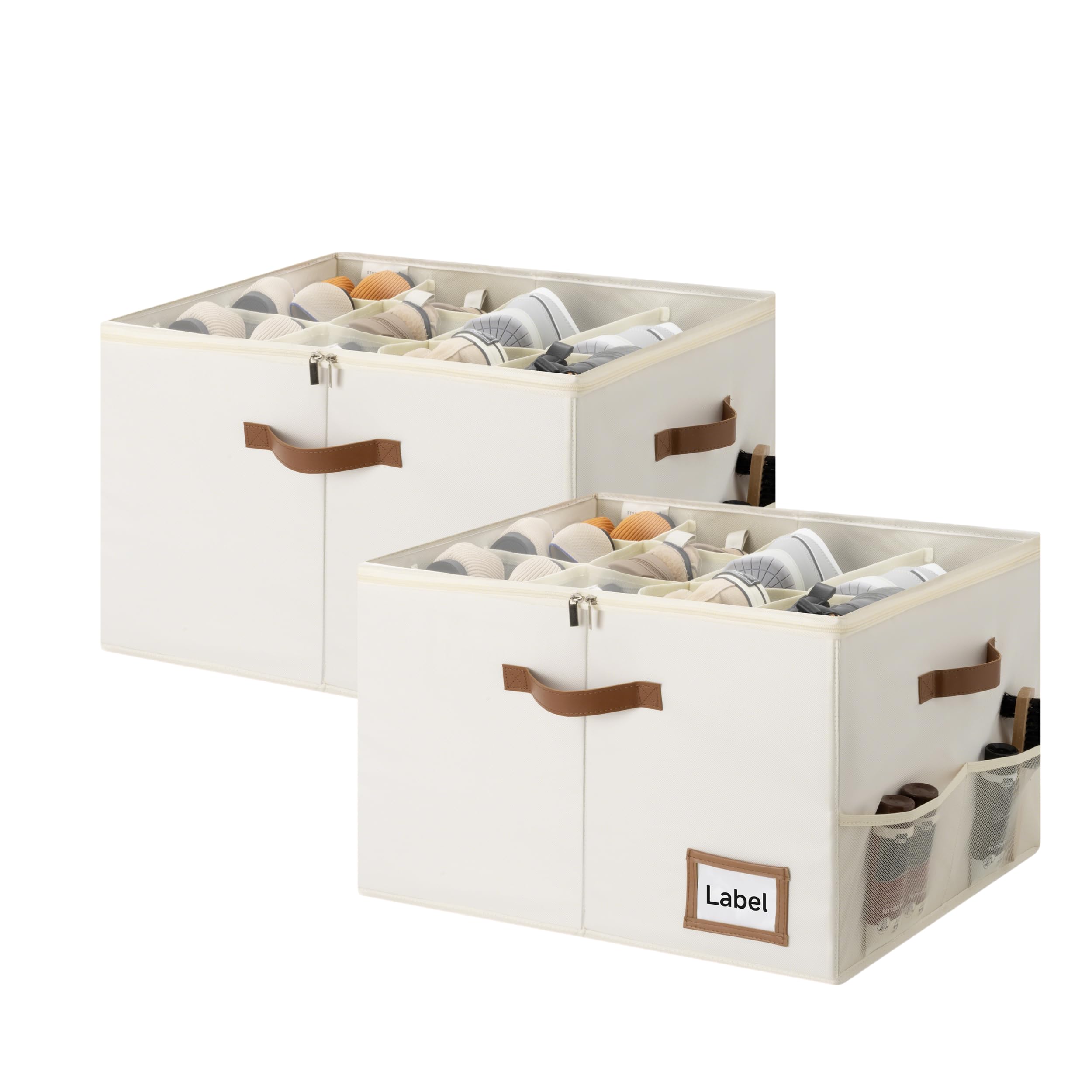 Photo 1 of StorageWorks Shoe Oragnizer for Closet, 2 Pack Shoe Storage Cubes Holds Up to 16 Pairs, Space Saving Storage Boxes with Lid and Hanldes, Beige