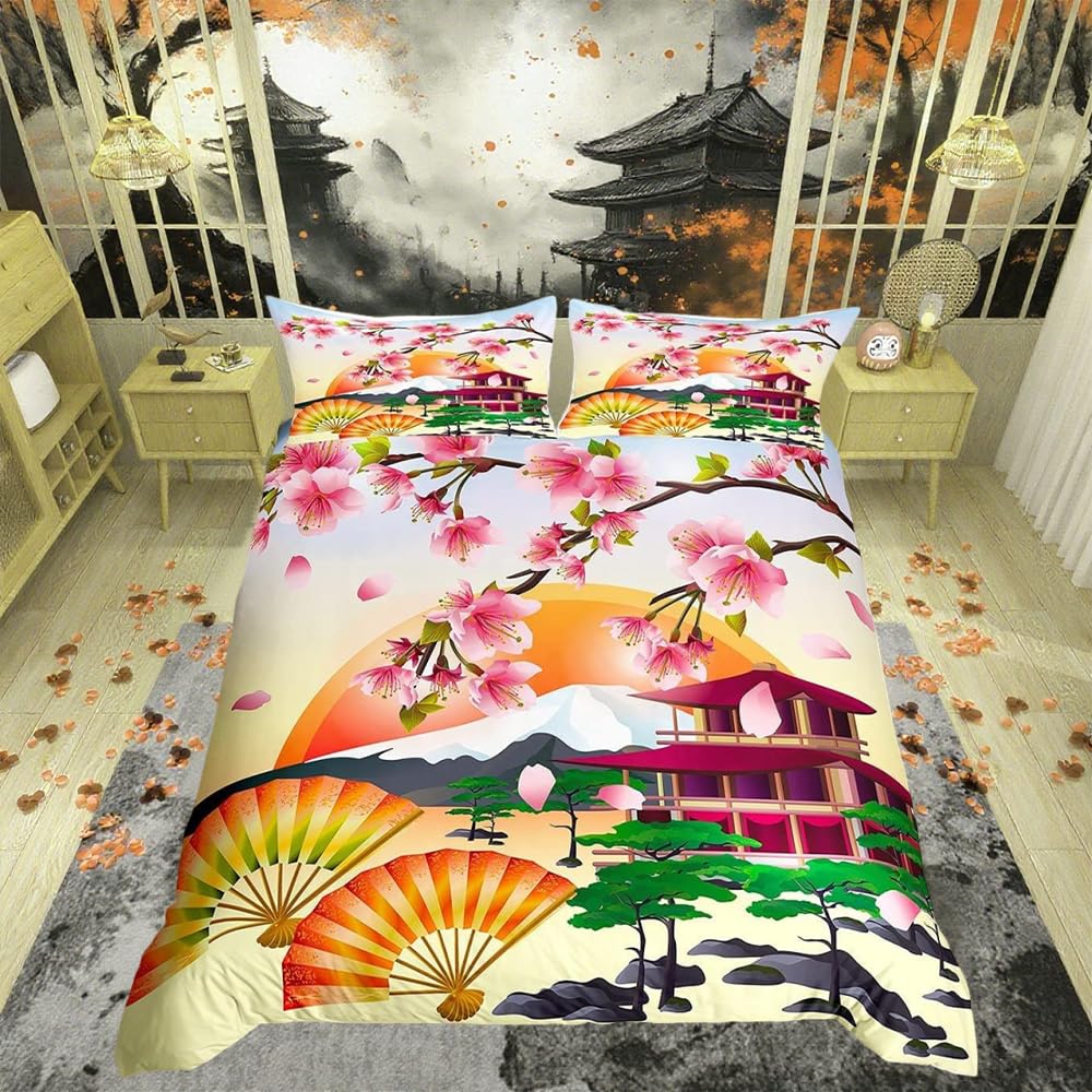 Japanese Duvet Cover Set, Classical Style Comforter Cover For Women & Girls, Cherry Blossoms Bedding Set, Single Size & Zipper Ties