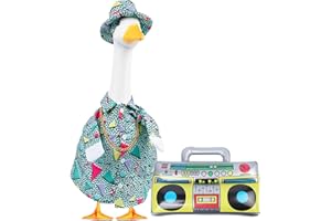 CAMDUCK 4 Pcs Summer Porch Goose Outfits, 80s 90s Hip Hop Costume Outfit for 23'' Goose Statue, Porch Goose Clothes Accessories with Hawaiian Hat Skirt Necklace Inflatable Radio Boom Box