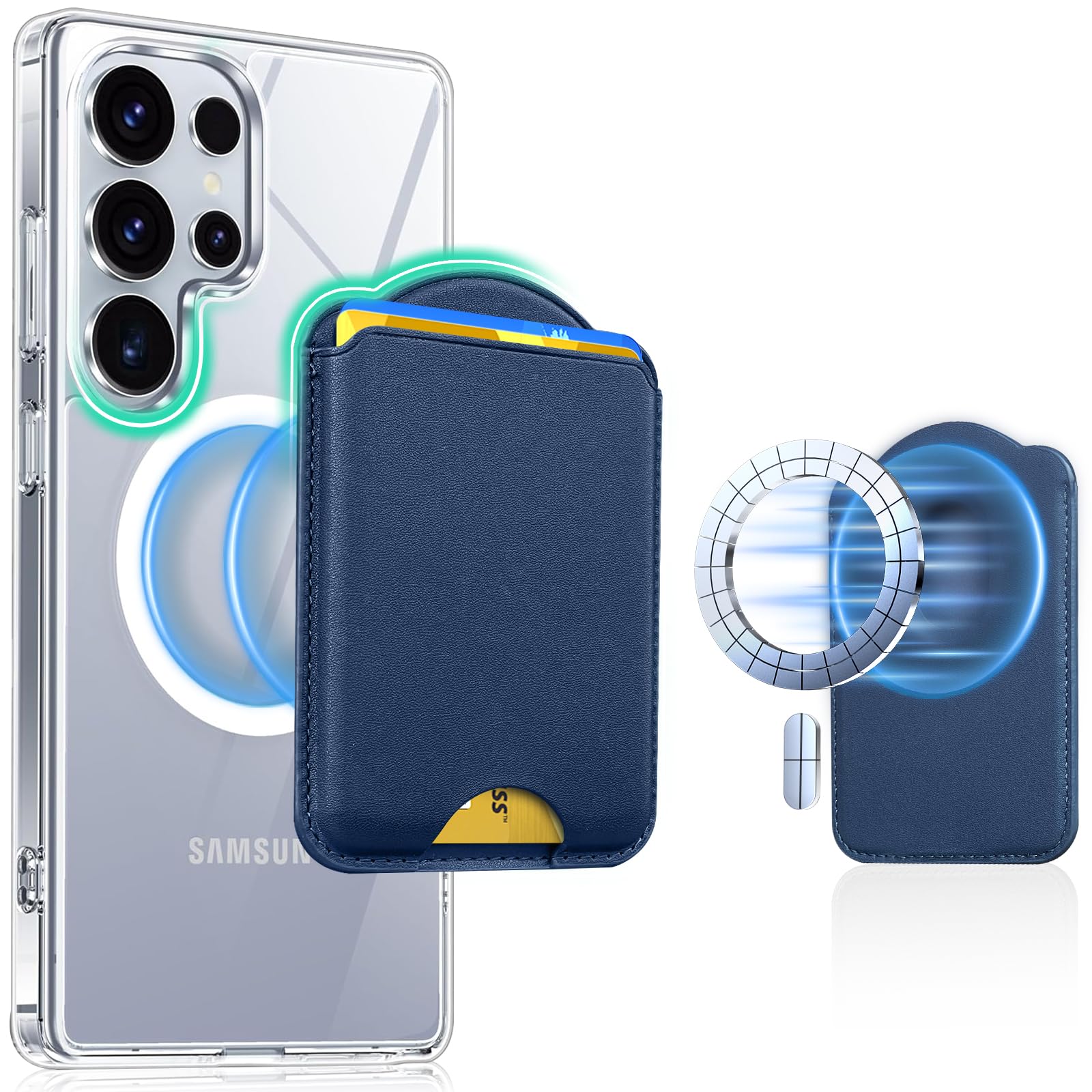 Norllben for MagSafe Wallet for Samsung Galaxy S26/S25/S24 Series, Fold 7 with Magnetic Case, for iPhone 17/16/15/14/13/12 Series, RFID Blocking Leather Magnetic Card Holder | Holds 3 Cards | Blue