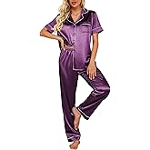 Ekouaer Silk Satin Pajamas Set Women Short Sleeve Sleepwear Soft Button Down Loungewear Pjs Set