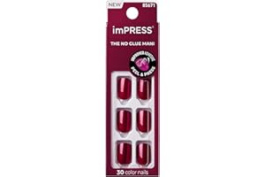 KISS imPRESS No Glue Mani Press On Nails, Color, 'Red Velvet', Red, Short Size, Squoval Shape, Includes 30 Nails, Prep Pad, Instructions Sheet, 1 Manicure Stick, 1 Mini File