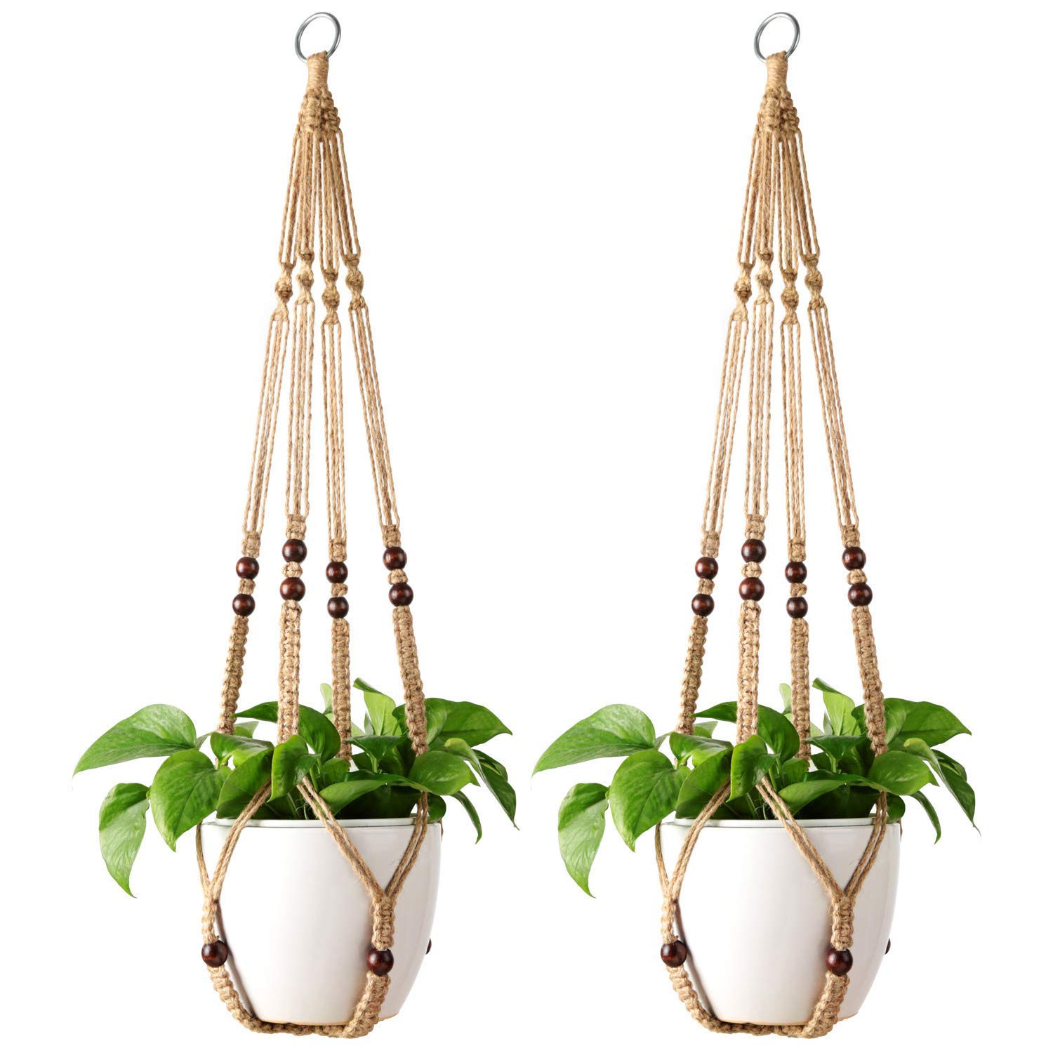 Mkouo 2 Pcs Macrame Plant Hangers Indoor Hanging Planter Basket Flower Pot Holder Jute Rope with Beads No Tassels, 89cm