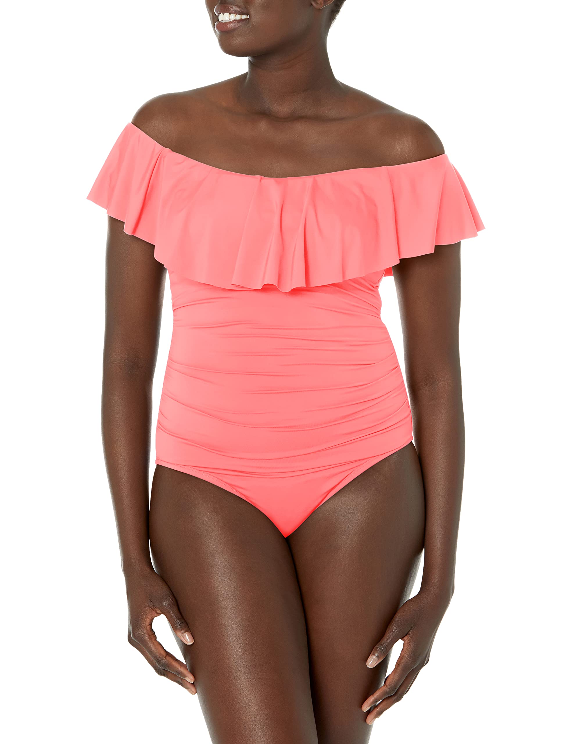 Photo 1 of La Blanca Women's Island Goddess Off Shoulder Ruffle One Piece Swimsuit, Hot Coral, 6