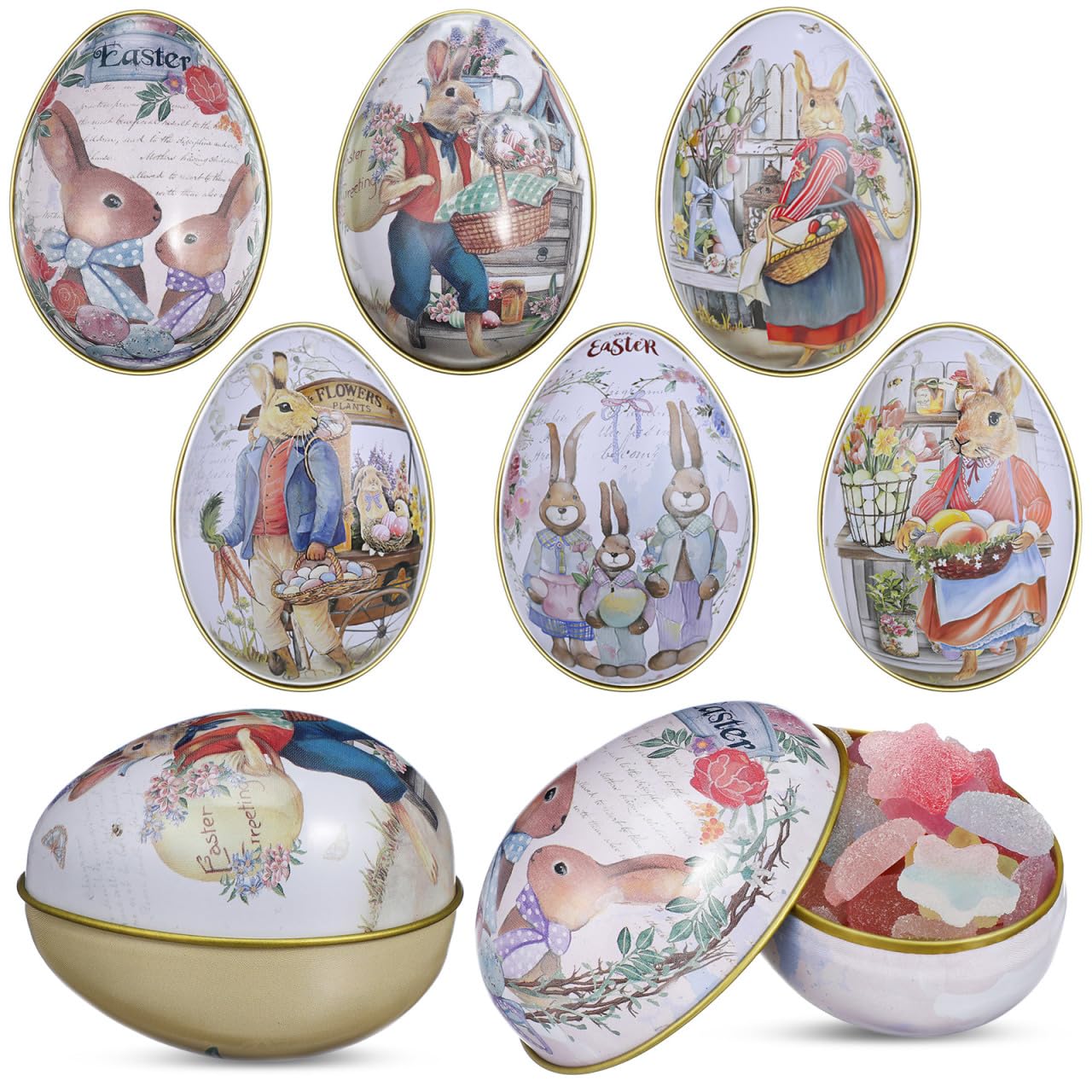 jojofuny 6pcs Easter Rabbit Tin Box Creative Egg Shaped Candy Case Metal Jewelry Coin Storage Holder Tinplate for Egg Hunt Game Spring Easter Basket Stuffer 6.5x4.5x5cm