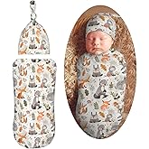 KiuLoam Cartoon Cute Fox Woodland Animal Newborn Swaddle Blanket with Hat Set Soft Baby Receiving Blankets Baby Swaddle Sack for Baby Boys Girls