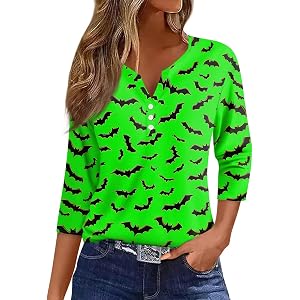 Halloween Shirts for Women V Neck 3/4 Sleeve Pullover Blouses Scary Bat Print Decorative Buttons Graphic Tees