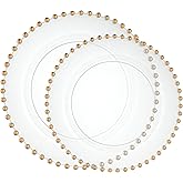 PLASTICPRO 32 Piece Combo Plastic Dinner Plates Disposable Plastic Fancy Heavy Duty Party Dishes 7 inch and 10 inch, Clear and Gold Beaded